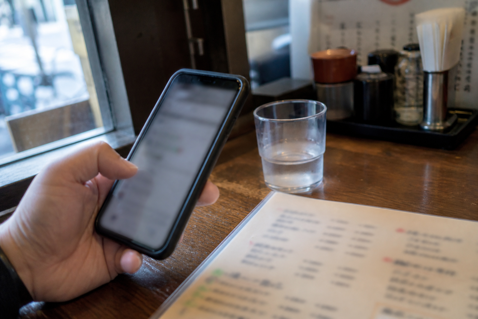 店舗のカウンターでスマートフォンを確認する様子