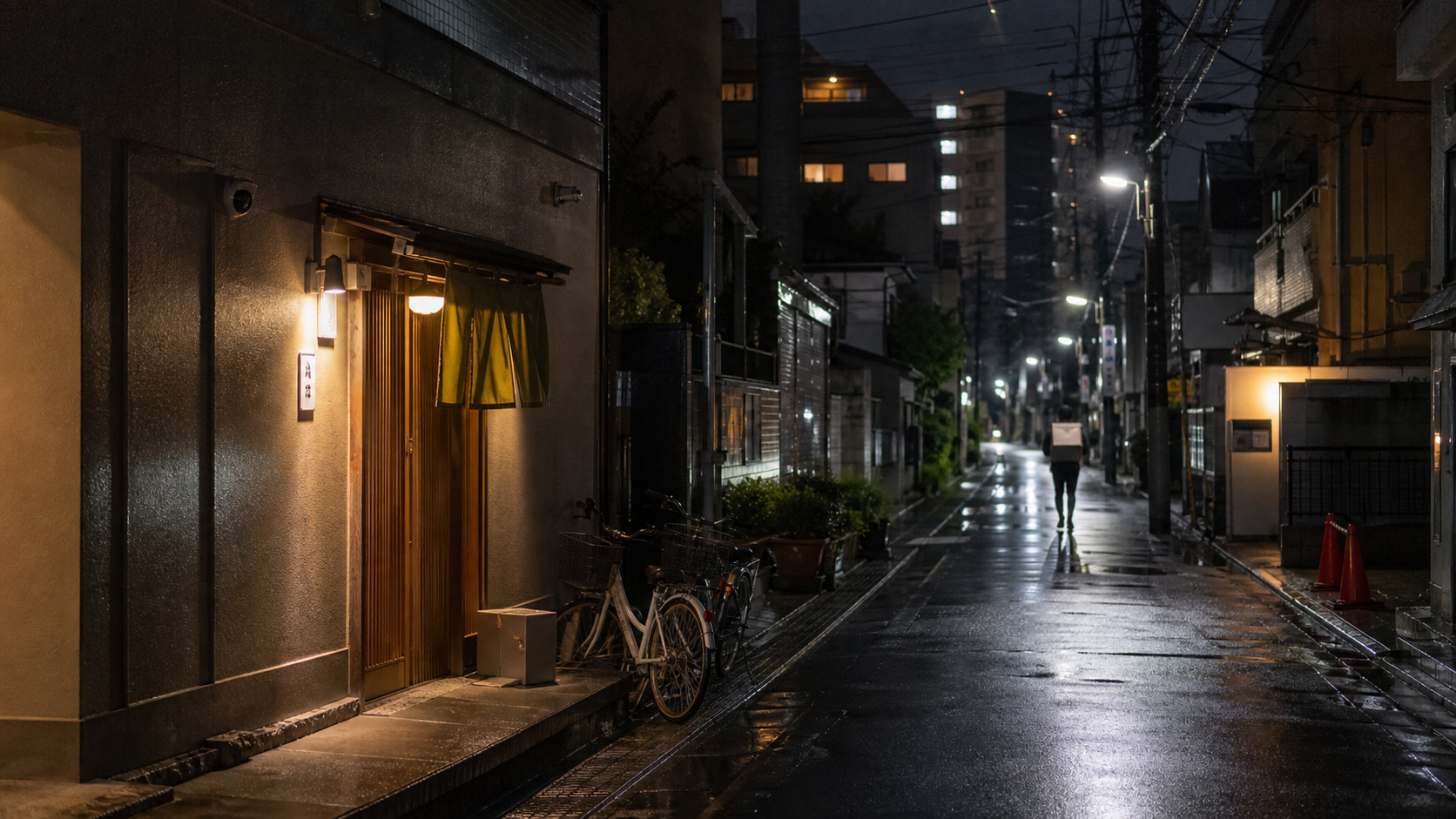 雨の夜の街を歩くデリバリーの配達員