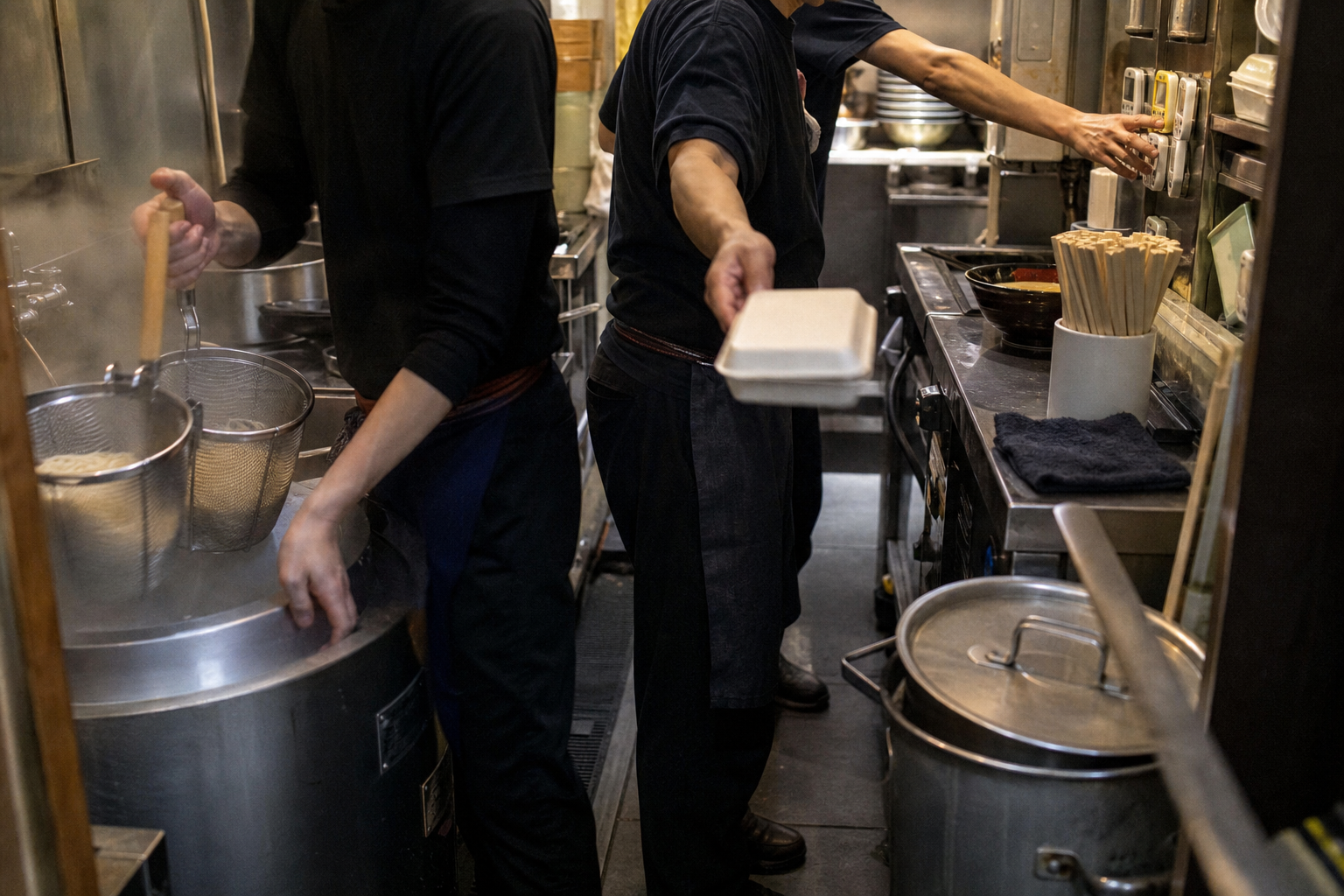 ピークタイムに注文が集中するラーメン店の厨房