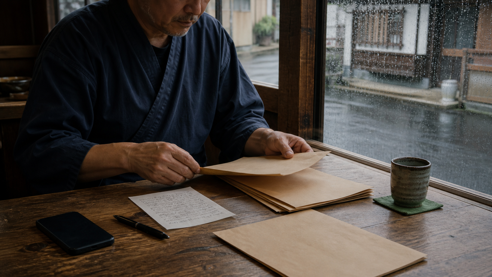 雨の日に運営資料を比較する飲食店の運営者