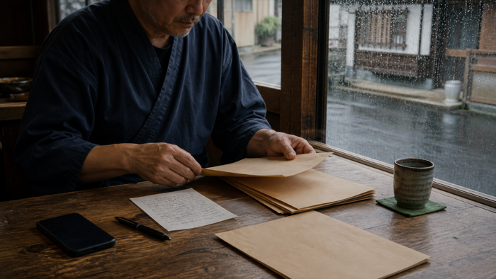 雨の日に運営資料を比較する飲食店の運営者